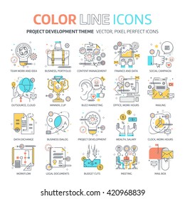 Color line, Project development concept illustrations, icons, backgrounds and graphics. The illustration is colorful, flat, vector, pixel perfect, suitable for web and print. It is stokes and fills.