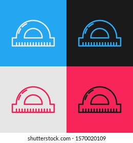 Color line Protractor grid for measuring degrees icon isolated on color background. Tilt angle meter. Measuring tool. Geometric symbol. Vintage style drawing. Vector Illustration