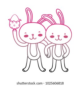 color line rabbit couple with hands together and egg easter