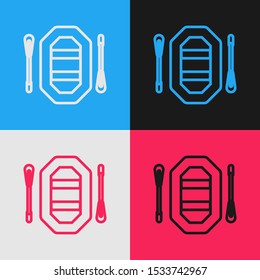 Color line Rafting boat icon isolated on color background. Inflatable boat with paddles. Water sports, extreme sports, holiday, vacation. Vintage style drawing. Vector Illustration