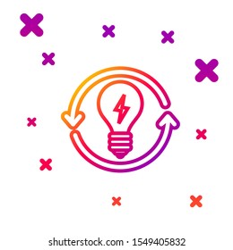 Color line Recycle and light bulb with lightning symbol icon isolated on white background. Light lamp sign. Idea symbol. Gradient random dynamic shapes. Vector Illustration