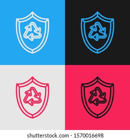 Color line Recycle symbol inside shield icon isolated on color background. Eco protection sign. Vintage style drawing. Vector Illustration