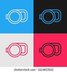 Color line Retractable cord leash with carabiner icon isolated on color background. Pet dog lead. Animal accessory for outdoors walk. Vintage style drawing. Vector Illustration
