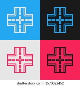 Color line Road traffic sign. Signpost icon isolated on color background. Pointer symbol. Isolated street information sign. Direction sign. Vintage style drawing. Vector Illustration