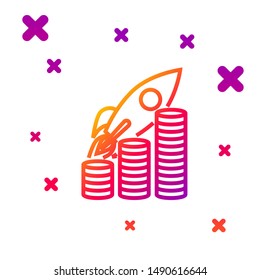 Color line Rocket flying up on coins growth chart icon isolated on white background. Graph that shows increase in sales. Gradient random dynamic shapes. Vector Illustration