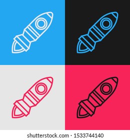 Color line Rocket ship with fire icon isolated on color background. Space travel. Vintage style drawing. Vector Illustration