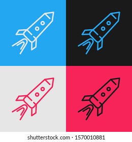 Color line Rocket ship with fire icon isolated on color background. Space travel. Vintage style drawing. Vector Illustration