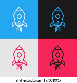 Color line Rocket ship with fire icon isolated on color background. Space travel. Vintage style drawing. Vector Illustration