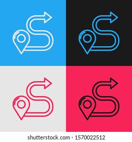 Color line Route location icon isolated on color background. Map pointer sign. Concept of path or road. GPS navigator. Vintage style drawing. Vector Illustration