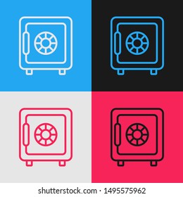 Color line Safe icon isolated on color background. The door safe a bank vault with a combination lock. Reliable Data Protection. Vintage style drawing. Vector Illustration