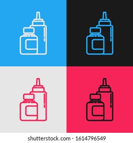 Color line Sauce bottle icon isolated on color background. Ketchup, mustard and mayonnaise bottles with sauce for fast food. Vintage style drawing. Vector Illustration