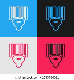 Color line Scanner scanning bar code icon isolated on color background. Barcode label sticker. Identification for delivery with bars. Vintage style drawing. Vector Illustration