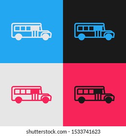 Color line School Bus icon isolated on color background. Public transportation symbol. Vintage style drawing. Vector Illustration