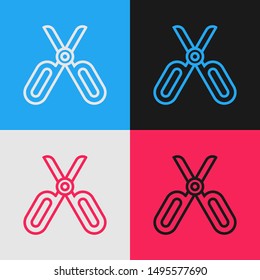 Color line Scissors icon isolated on color background. Tailor symbol. Cutting tool sign. Vintage style drawing. Vector Illustration
