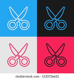 Color line Scissors icon isolated on color background. Cutting tool sign. Vintage style drawing. Vector Illustration
