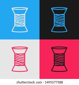 Color line Sewing thread on spool icon isolated on color background. Yarn spool. Thread bobbin. Vintage style drawing. Vector Illustration