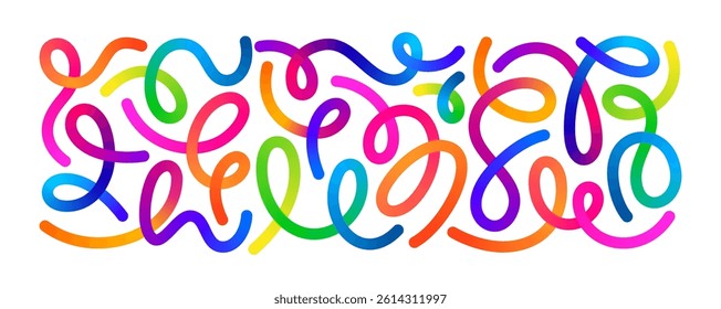 Color Line Shapes with Gradient. Abstract Wavy Pattern on White Background. 3D Rainbow Color Waves Graphic. Dynamic Squiggles, Swirls and Spiral Ribbons