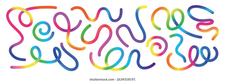 Color line shapes with gradient. Dynamic squiggles,  spiral ribbons and swirls. Abstract wavy pattern on white background. 3D rainbow color waves graphic. 