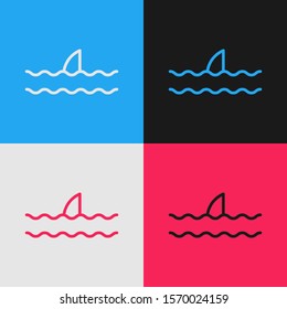 Color line Shark fin in ocean wave icon isolated on color background. Vintage style drawing. Vector Illustration