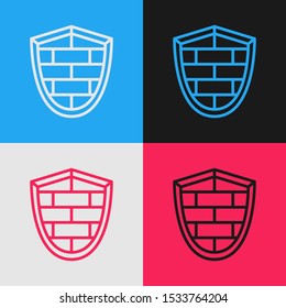 Color line Shield with cyber security brick wall icon isolated on color background. Data protection symbol. Firewall logo. Network protection. Vintage style drawing. Vector Illustration