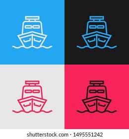 Color line Ship icon isolated on color background. Vintage style drawing. Vector Illustration
