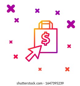 Color line Shoping bag and dollar icon isolated on white background. Handbag sign. Woman bag icon. Female handbag sign. Gradient random dynamic shapes. Vector Illustration