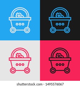 Color line Shopping basket with bitcoin icon isolated on color background. Blockchain technology, cryptocurrency mining, digital money market. Vintage style drawing. Vector Illustration