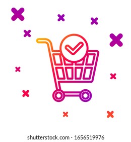 Color line Shopping cart with check mark icon isolated on white background. Supermarket basket with approved, confirm, done, tick, completed. Gradient random dynamic shapes. Vector Illustration
