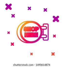 Color line Signboard hanging with an inscription shop here icon on white background. Suitable for advertisements bar, cafe, pub, restaurant. Gradient random dynamic shapes. Vector Illustration