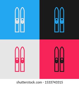 Color line Ski and sticks icon isolated on color background. Extreme sport. Skiing equipment. Winter sports icon. Vintage style drawing. Vector Illustration