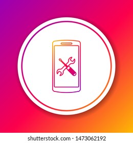 Color line Smartphone with screwdriver and wrench icon isolated on color background. Adjusting, service, setting, maintenance, repair, fixing. Circle white button. Vector Illustration
