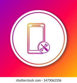 Color line Smartphone with screwdriver and wrench icon isolated on color background. Adjusting, service, setting, maintenance, repair, fixing. Circle white button. Vector Illustration