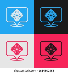 Color line Snowflake with speech bubble icon isolated on color background. Merry Christmas and Happy New Year. Vintage style drawing. Vector Illustration