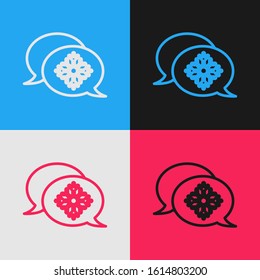 Color line Snowflake with speech bubble icon isolated on color background. Merry Christmas and Happy New Year. Vintage style drawing. Vector Illustration