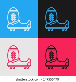 Color line Soccer or football shoes with spikes icon isolated on color background. American football boot and ball. Vintage style drawing. Vector Illustration