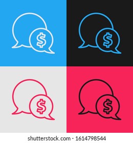 Color line Speech bubble with dollar icon isolated on color background. Badge for price. Sale with dollar symbol. Promo tag discount. Vintage style drawing. Vector Illustration