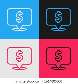 Color line Speech bubble with dollar icon isolated on color background. Badge for price. Sale with dollar symbol. Promo tag discount. Vintage style drawing. Vector Illustration