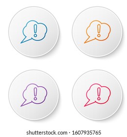 Color line Speech bubble and Exclamation icon isolated on white background. FAQ sign. Copy files, chat speech bubble and chart. Set icons in circle buttons. Vector Illustration