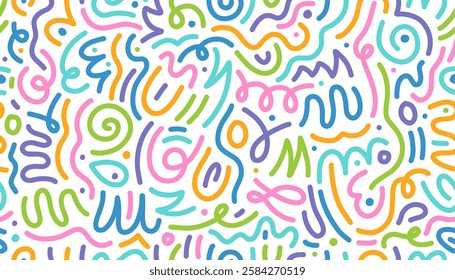 Color line squiggle shape seamless pattern. Vector abstract background filled with colorful swirls and loops in pink, blue, green, orange and purple, exudes playfulness, energy, and kids creativity