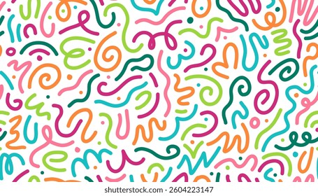 Color line squiggle shapes seamless pattern of abstract doodle scribbles, vector background. Squiggle line pattern with colorful scribble swirls, wavy confetti twirls and color dots on background