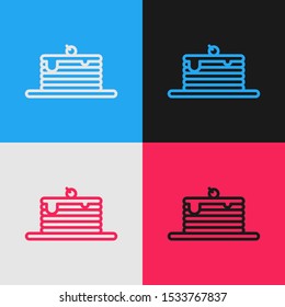 Color line Stack of pancakes icon isolated on color background. Baking with syrup and cherry. Breakfast concept. Vintage style drawing. Vector Illustration