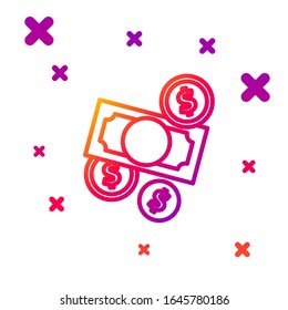 Color line Stacks paper money cash and coin money with dollar symbol icon isolated on white background. Money banknotes stacks. Gradient random dynamic shapes. Vector Illustration