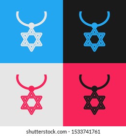 Color line Star of David necklace on chain icon isolated on color background. Jewish religion symbol. Symbol of Israel. Jewellery and accessory. Vintage style drawing. Vector Illustration