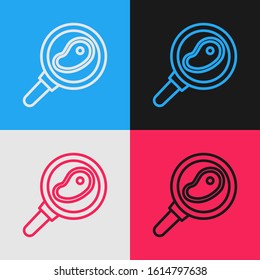 Color line Steak meat in frying pan icon isolated on color background. Vintage style drawing. Vector Illustration