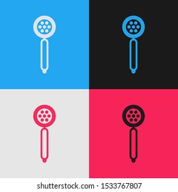 Color line Strainer spoon icon isolated on color background. Vintage style drawing. Vector Illustration