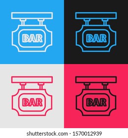 Color line Street signboard with inscription Bar icon isolated on color background. Suitable for advertisements bar, cafe, pub, restaurant. Vintage style drawing. Vector Illustration