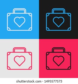Color line Suitcase for travel with heart icon isolated on color background. Honeymoon symbol. Traveling baggage sign. Travel luggage icon. Vintage style drawing. Vector Illustration