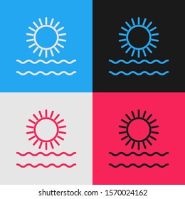 Color line Sun and waves icon isolated on color background. Vintage style drawing. Vector Illustration