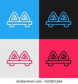 Color line Sushi on cutting board icon isolated on color background. Asian food sushi on wooden board. Vintage style drawing. Vector Illustration