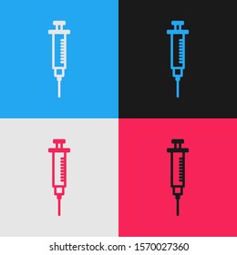 Color line Syringe icon isolated on color background. Syringe for vaccine, vaccination, injection, flu shot. Medical equipment. Vintage style drawing. Vector Illustration